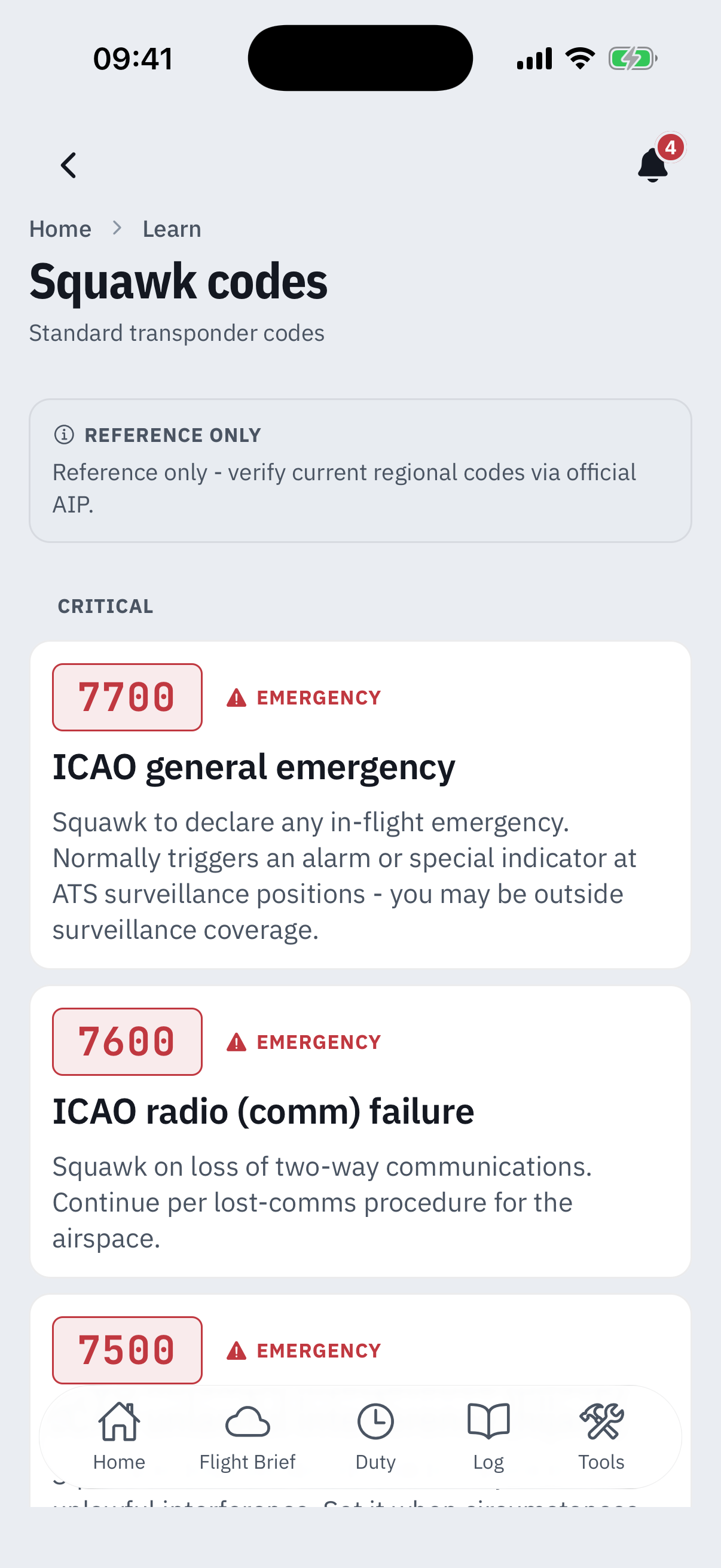 The Squawk codes quick reference: a Reference only card reading Reference only, verify current regional codes via official AIP, then the Critical band - a 7700 card labelled ICAO general emergency, a 7600 card labelled ICAO radio comm failure, and the top of the 7500 card, each tagged Emergency with a plain-English description