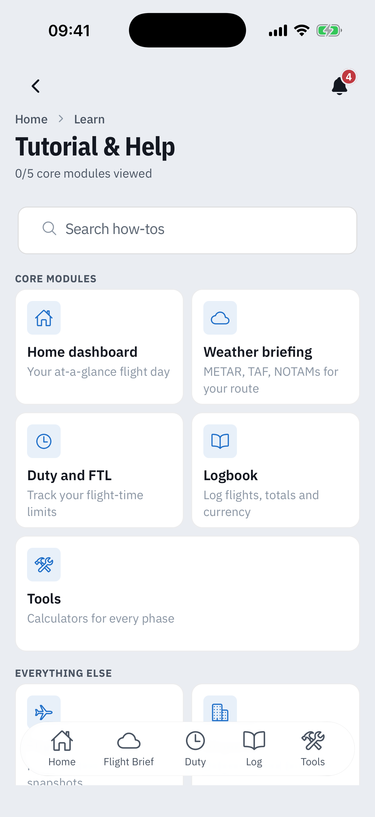 The Tutorial and Help hub: breadcrumb Home, Learn, subtitle 0 of 5 core modules viewed, a Search how-tos box, and the Core modules band - Home dashboard, Weather briefing, Duty and FTL, Logbook and Tools tiles - with the Everything else band beginning below