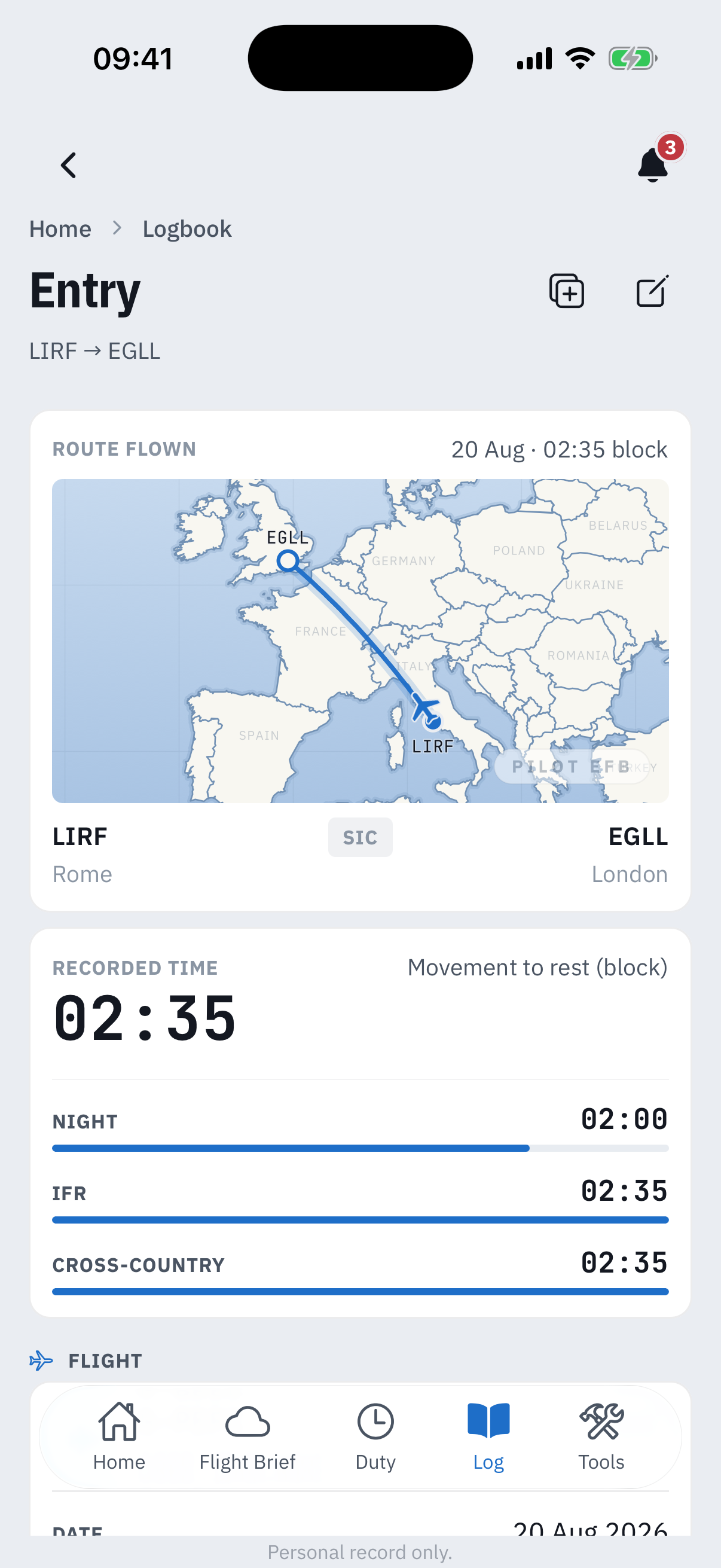 An entry detail view for a LIRF to EGLL night sector: the route drawn on a Europe map, 20 Aug with 2 hours 35 minutes block, an SIC role chip, Rome and London labels, and recorded time bars showing 2 hours night, 2 hours 35 IFR and 2 hours 35 cross-country