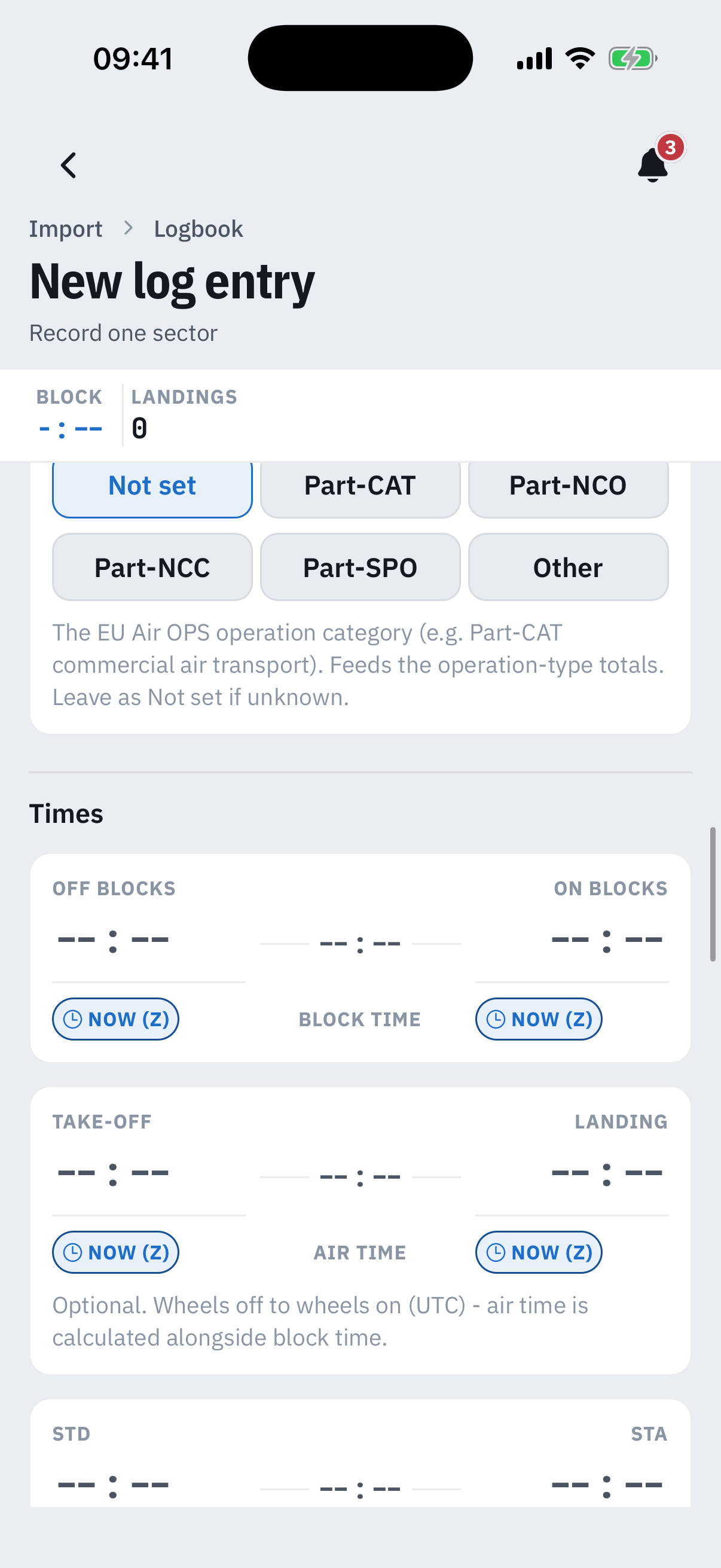 Further down the same form: an EU Air OPS operation category picker with Part-CAT to Part-SPO chips, and the Times section with off-blocks and on-blocks fields, Now Z buttons, and optional take-off and landing air times with a note that air time is calculated alongside block time