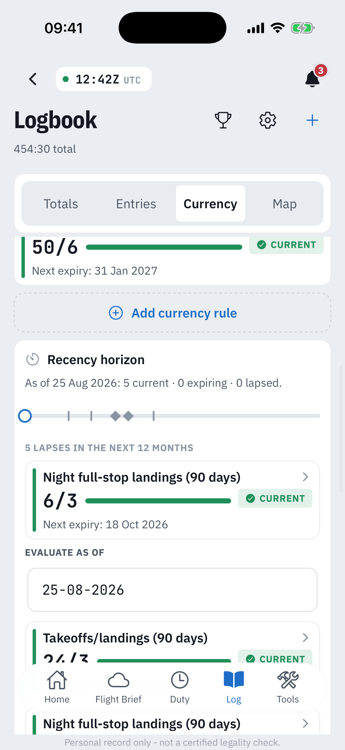 Further down Currency: the instrument approaches rule at 50 of 6 marked CURRENT with next expiry 31 Jan 2027, an Add currency rule tile, and the Recency horizon card reading As of 25 Aug 2026: 5 current, 0 expiring, 0 lapsed, with a timeline scrubber, a list of 5 lapses in the next 12 months and an evaluate-as-of date field