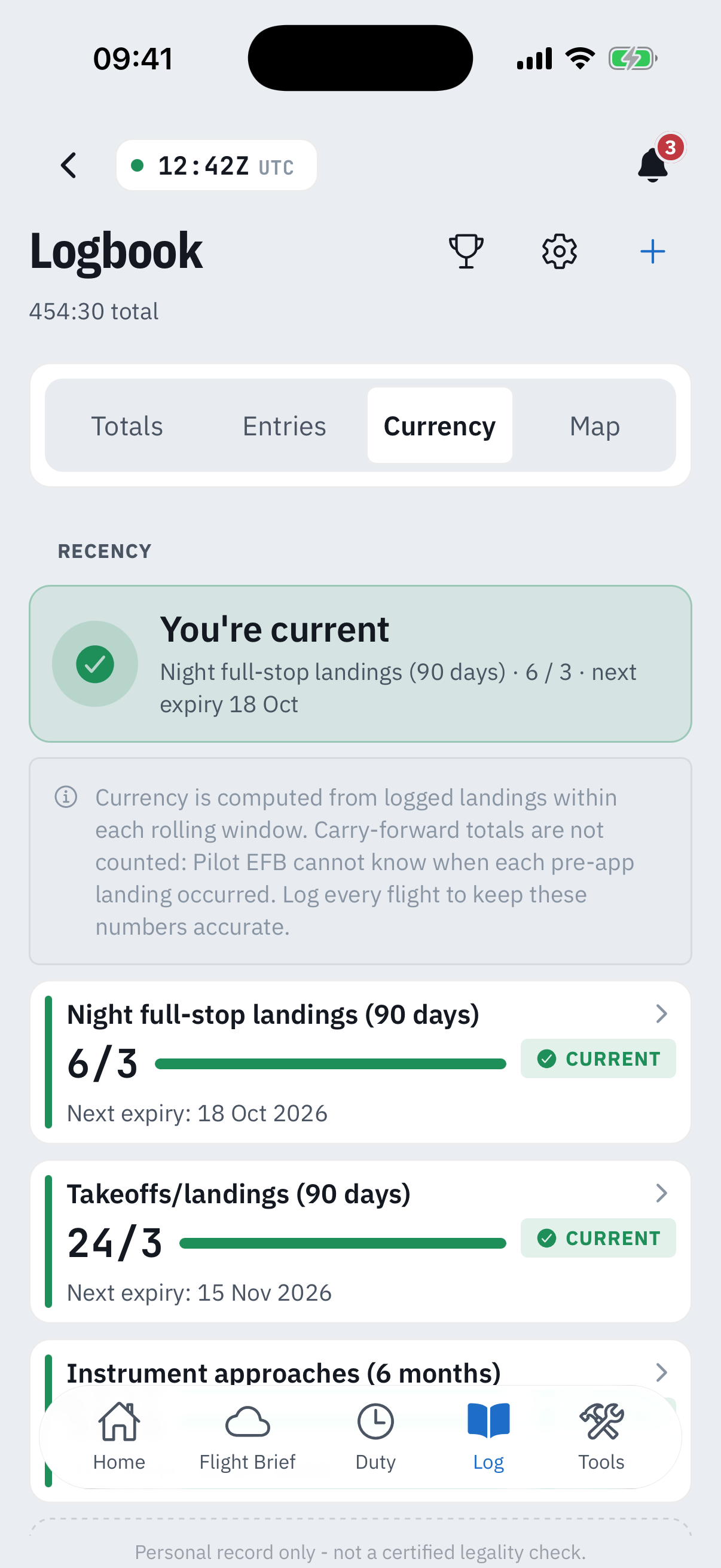The Currency segment: a green You're current hero citing night full-stop landings 6 of 3 with next expiry 18 Oct, an info card explaining that currency is computed from logged landings and carry-forward totals are not counted, and rule cards for night full-stop landings and takeoffs and landings, both marked CURRENT with expiry dates