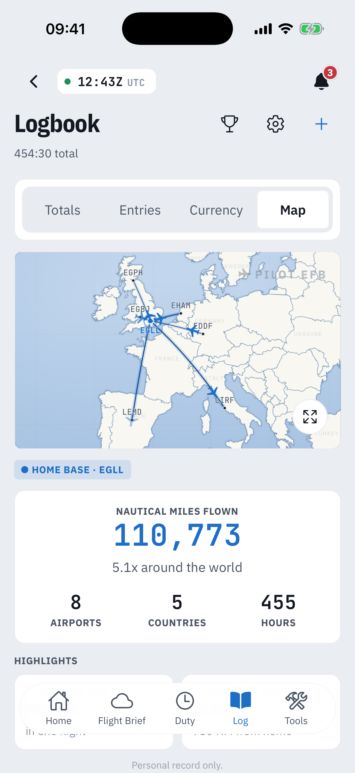 The Map segment: a Europe chart with route lines from EGLL to Edinburgh, Amsterdam, Frankfurt, Madrid and Rome, a HOME BASE EGLL chip, and a stats card reading 110,773 nautical miles flown, 5.1 times around the world, 8 airports, 5 countries, 455 hours