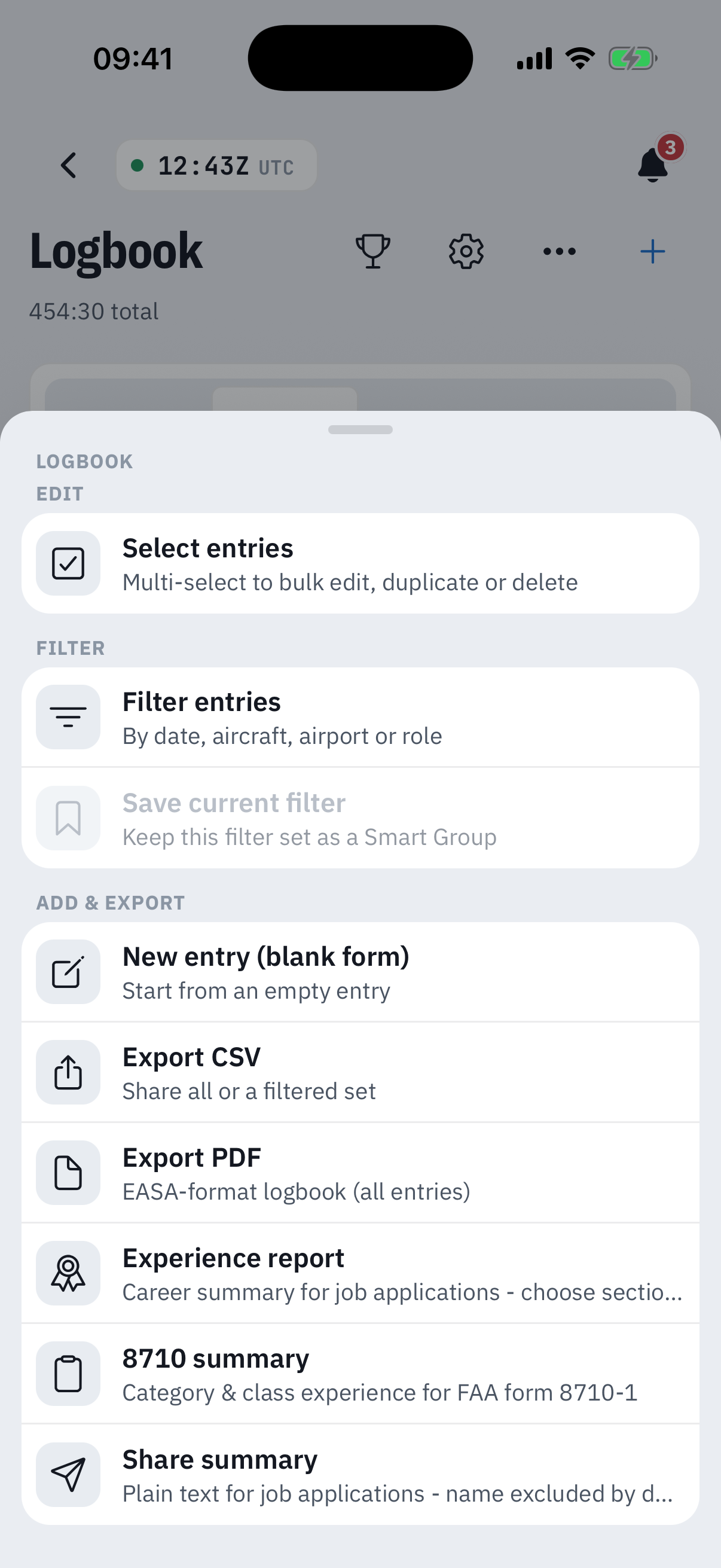 The Logbook menu sheet: an Edit section with Select entries, a Filter section with Filter entries and Save current filter, and an Add and export section listing New entry blank form, Export CSV, Export PDF in EASA format, Experience report, 8710 summary and Share summary
