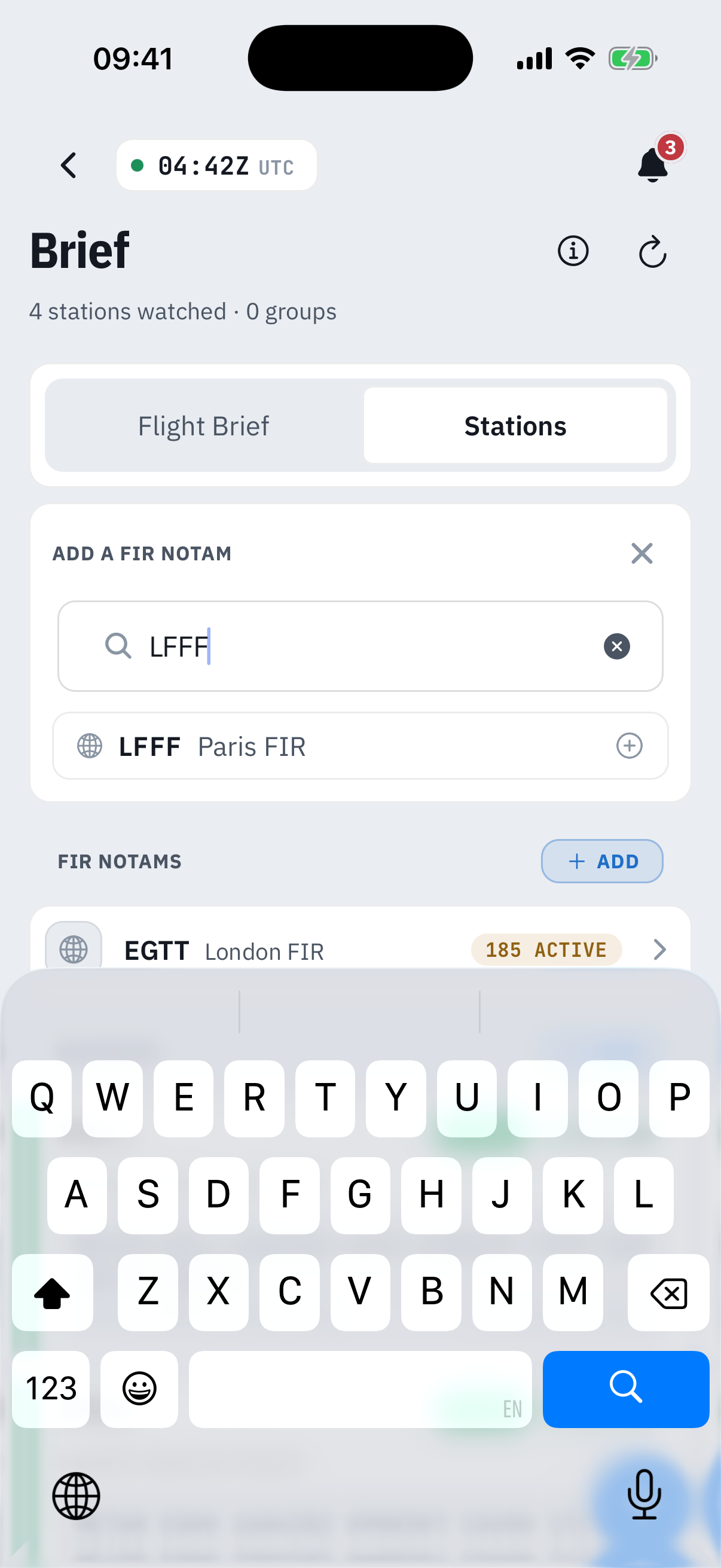 The Add a FIR NOTAM reveal over the Stations watch-list: LFFF typed into the search field, a result row reading LFFF Paris FIR with a plus icon, and the FIR NOTAMS section beneath with the EGTT London FIR card counting 185 active