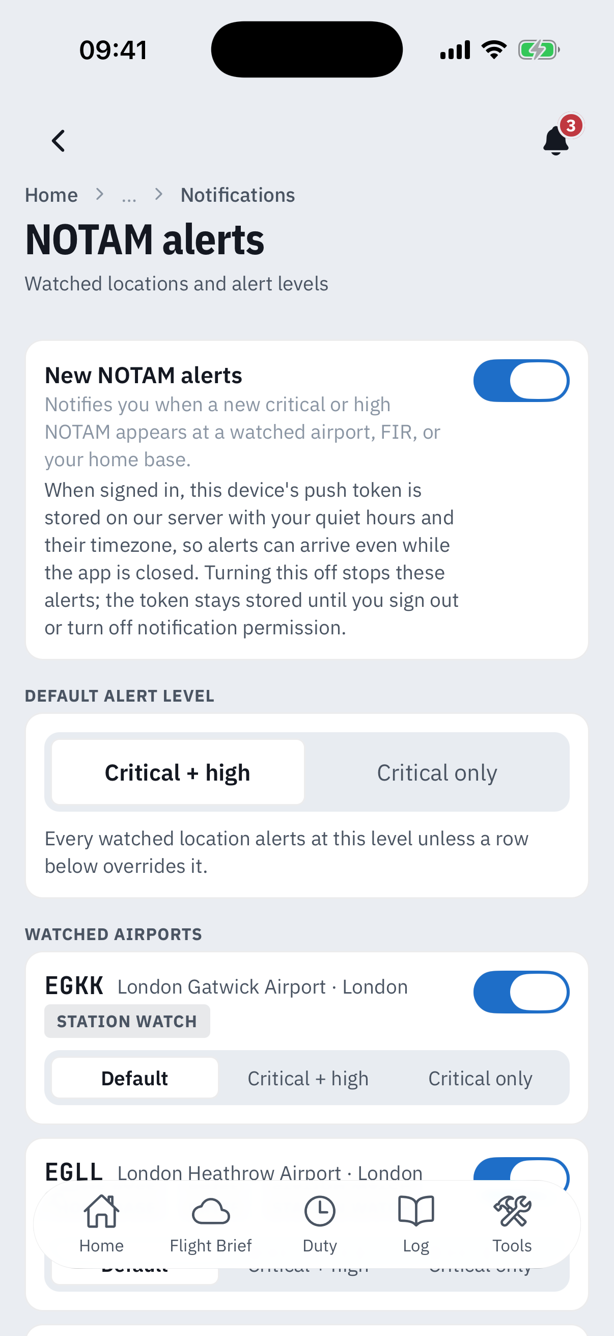 The NOTAM alerts settings screen: a New NOTAM alerts master switch, on, with a caption explaining that when signed in the device push token is stored with quiet hours so alerts arrive with the app closed, a Default alert level control set to Critical + high with Critical only beside it, and the top of the Watched airports list with EGKK carrying a Station watch pill