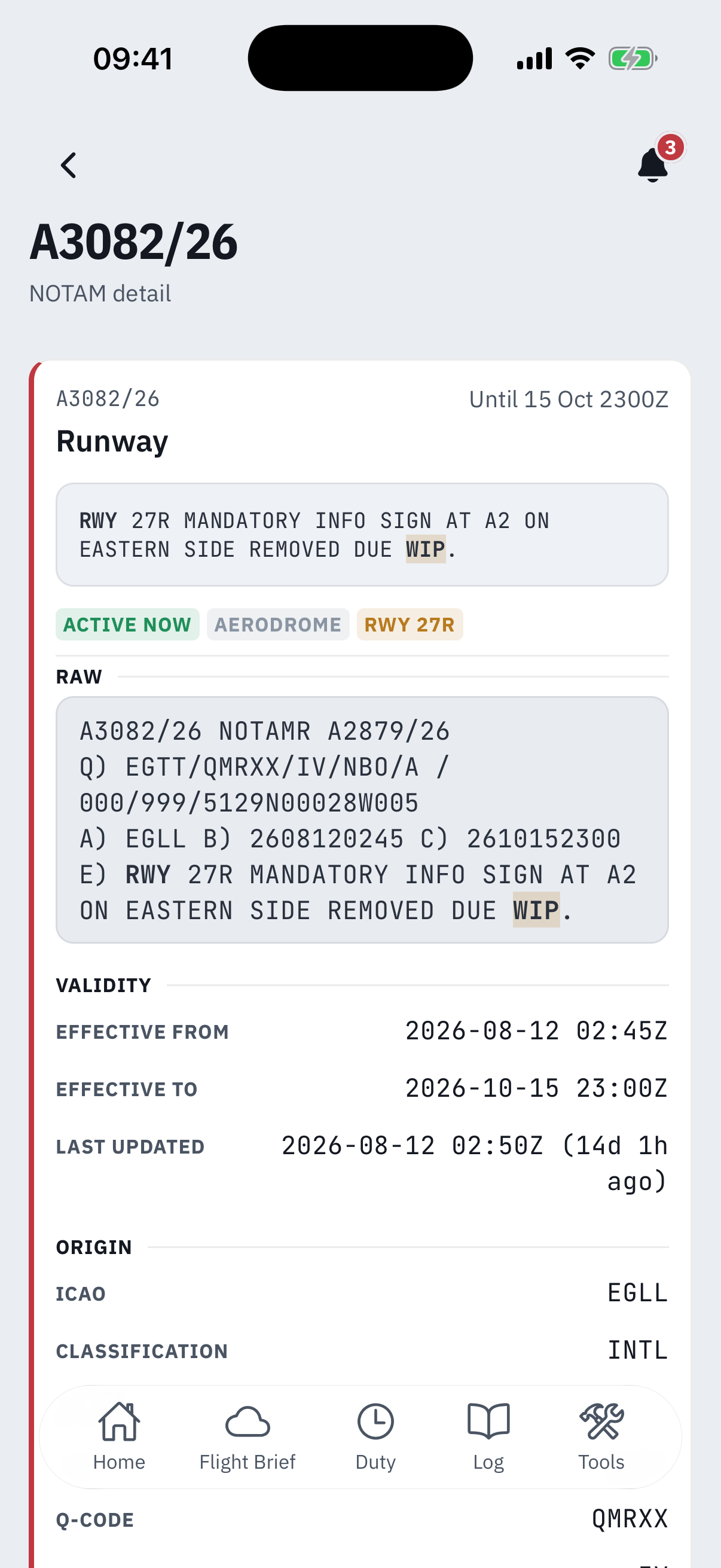 The NOTAM detail page for A3082/26: the Runway headline, the reflowed message about a mandatory info sign removed due work in progress, Active now, Aerodrome and RWY 27R badges, the RAW block with the full Q-line text, and the Validity section with effective from and to times and a last updated stamp