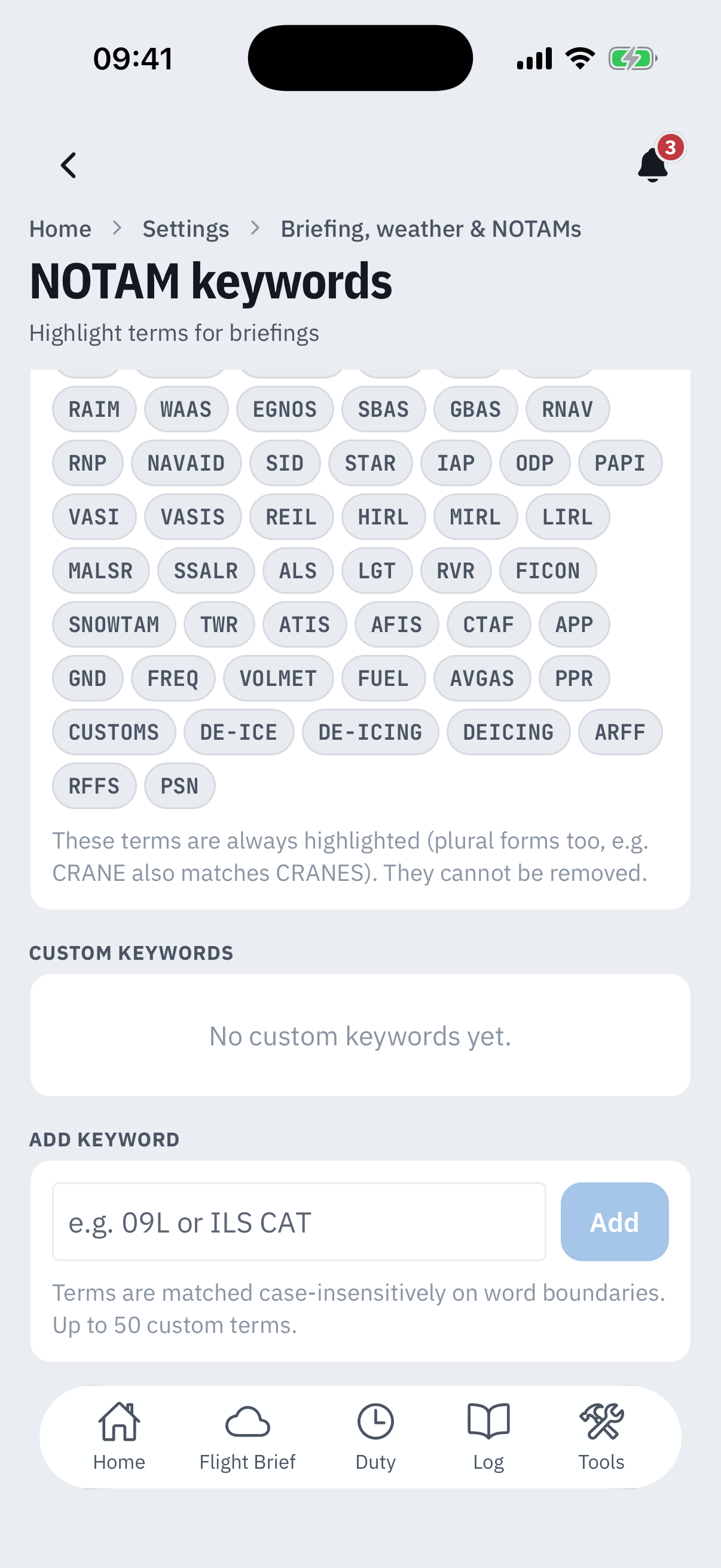 Further down NOTAM keywords: facility-name chips in plain grey including RAIM, NAVAID, SID, STAR and SNOWTAM, a caption noting the terms are always highlighted including plural forms, an empty Custom keywords card reading No custom keywords yet, and the Add keyword field with an example placeholder reading e.g. 09L or ILS CAT