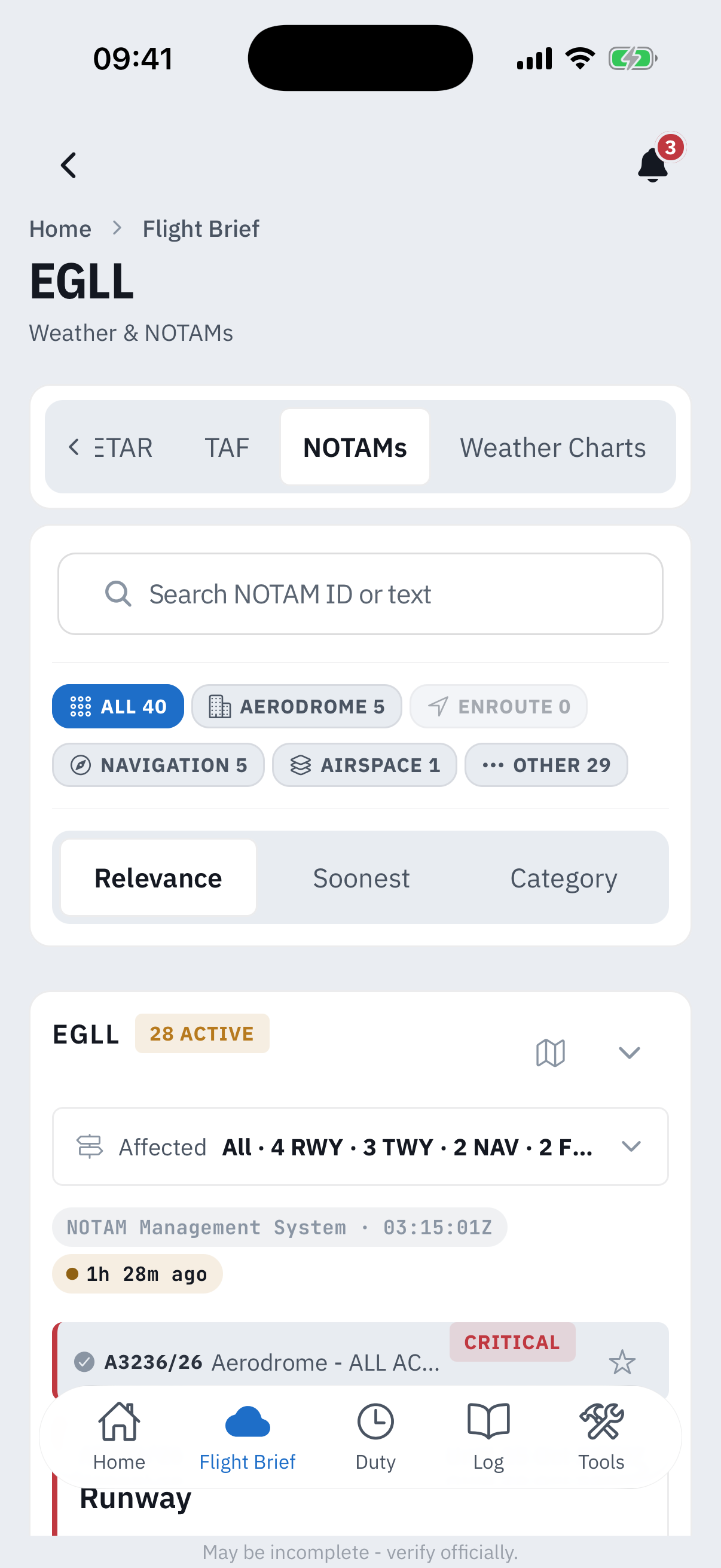 The EGLL station workbench on its NOTAMs tab: a search field, category filter chips reading All 40, Aerodrome 5, Enroute 0, Navigation 5, Airspace 1 and Other 29, a Relevance, Soonest and Category sort control, and the EGLL group header with a 28 active badge, an affected summary of 4 runways, 3 taxiways, 2 navaids and 2 frequencies, a source pill reading NOTAM Management System with the fetch time, and an amber age pill