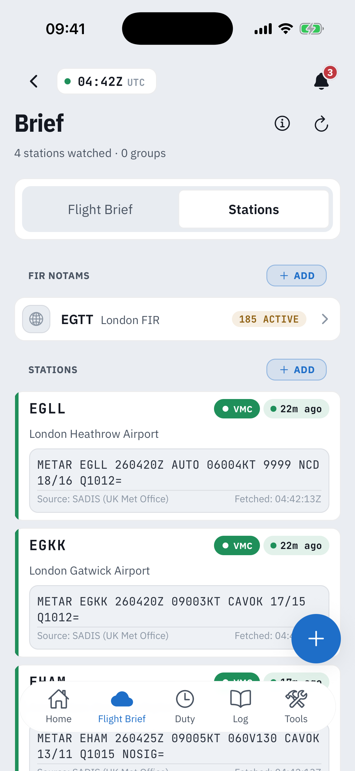 The Stations watch-list with its FIR NOTAMS section: an EGTT London FIR card counting 185 active above the STATIONS section with EGLL, EGKK and EHAM cards each carrying a VMC badge, an age pill and its raw METAR