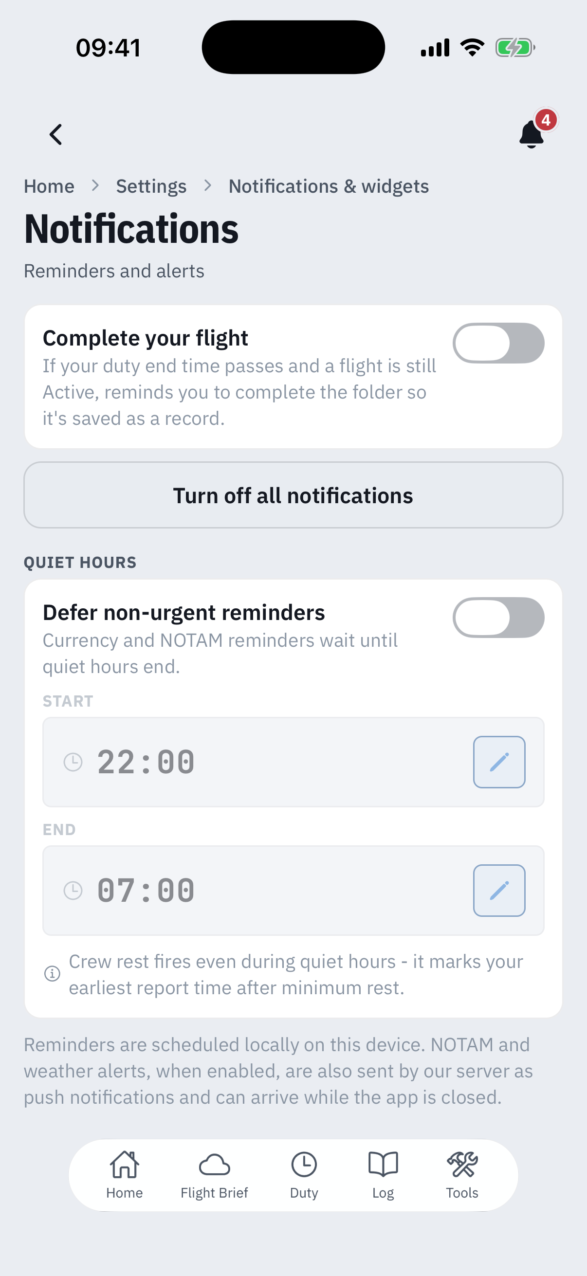 Further down the Notifications screen: the Complete your flight reminder toggle, a Turn off all notifications button, the Quiet hours card with a Defer non-urgent reminders switch and start 22:00 and end 07:00 time fields, the note that crew rest fires even during quiet hours, and a closing caption explaining reminders are scheduled locally while NOTAM and weather alerts can also arrive as server push