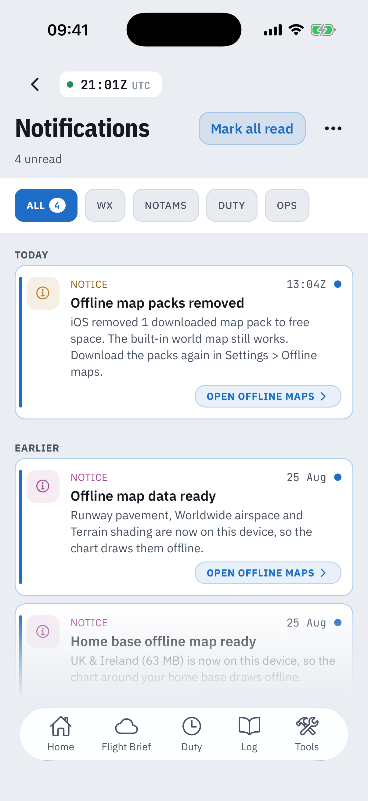 The Notifications feed: title Notifications with 4 unread and a Mark all read button, filter chips All, WX, NOTAMs, Duty and Ops, then a Today section holding an Offline map packs removed notice and an Earlier section with Offline map data ready and Home base offline map ready notices, each carrying an Open offline maps button