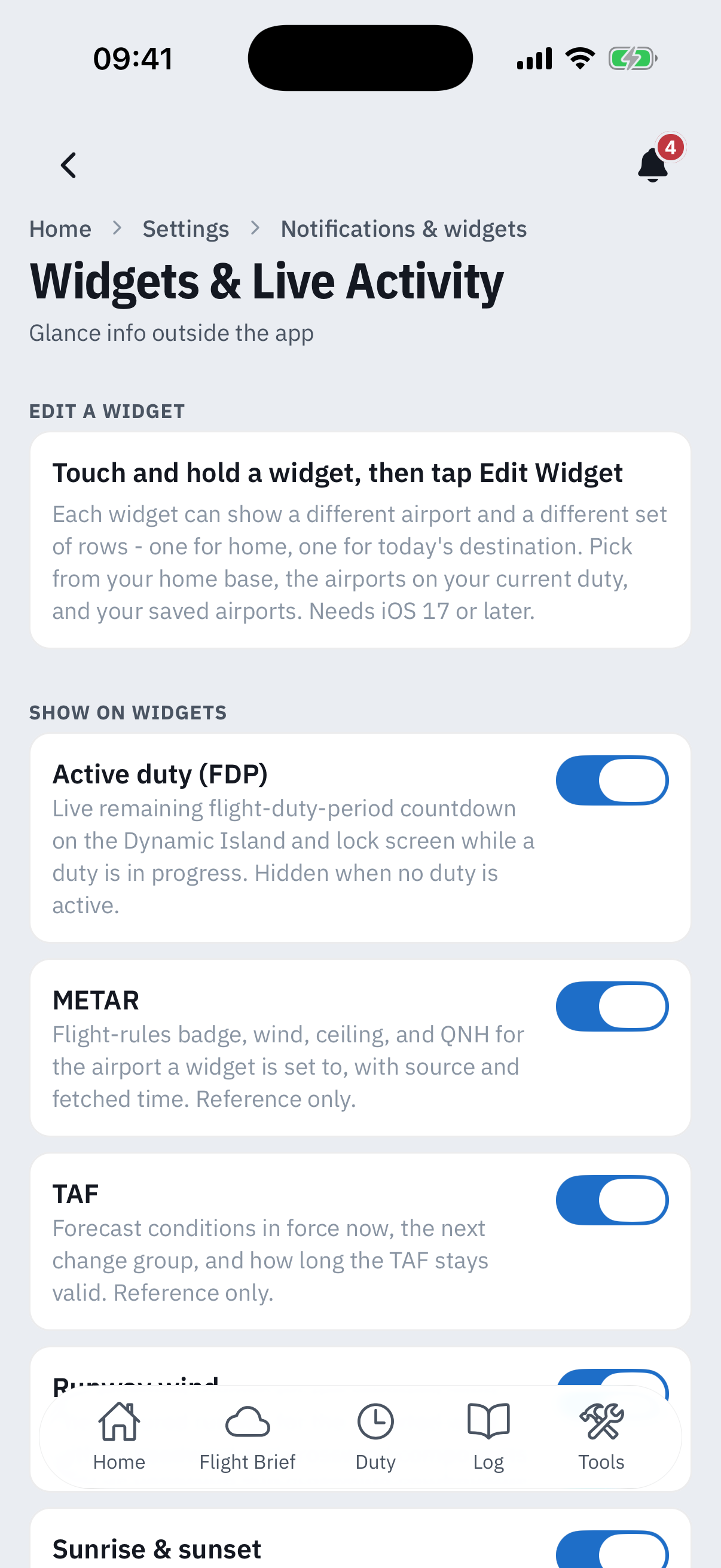 The Widgets and Live Activity settings screen: subtitle Glance info outside the app, an Edit a widget card reading Touch and hold a widget, then tap Edit Widget with a caption about per-widget airports and rows, then Show on widgets toggles for Active duty FDP, METAR and TAF, all switched on