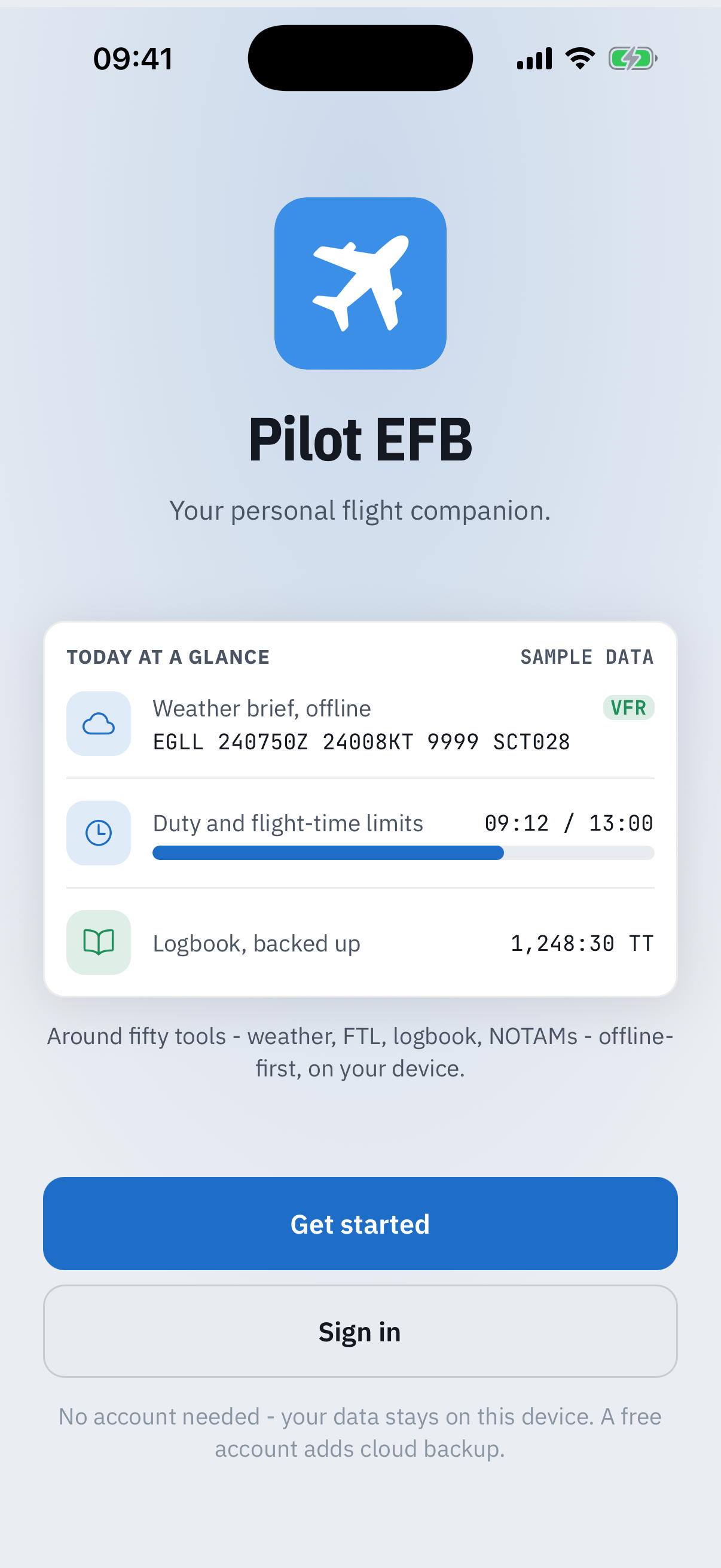 The welcome screen: the Pilot EFB app icon, a Today at a glance card marked sample data, and two buttons - Get started and Sign in - with a note that no account is needed