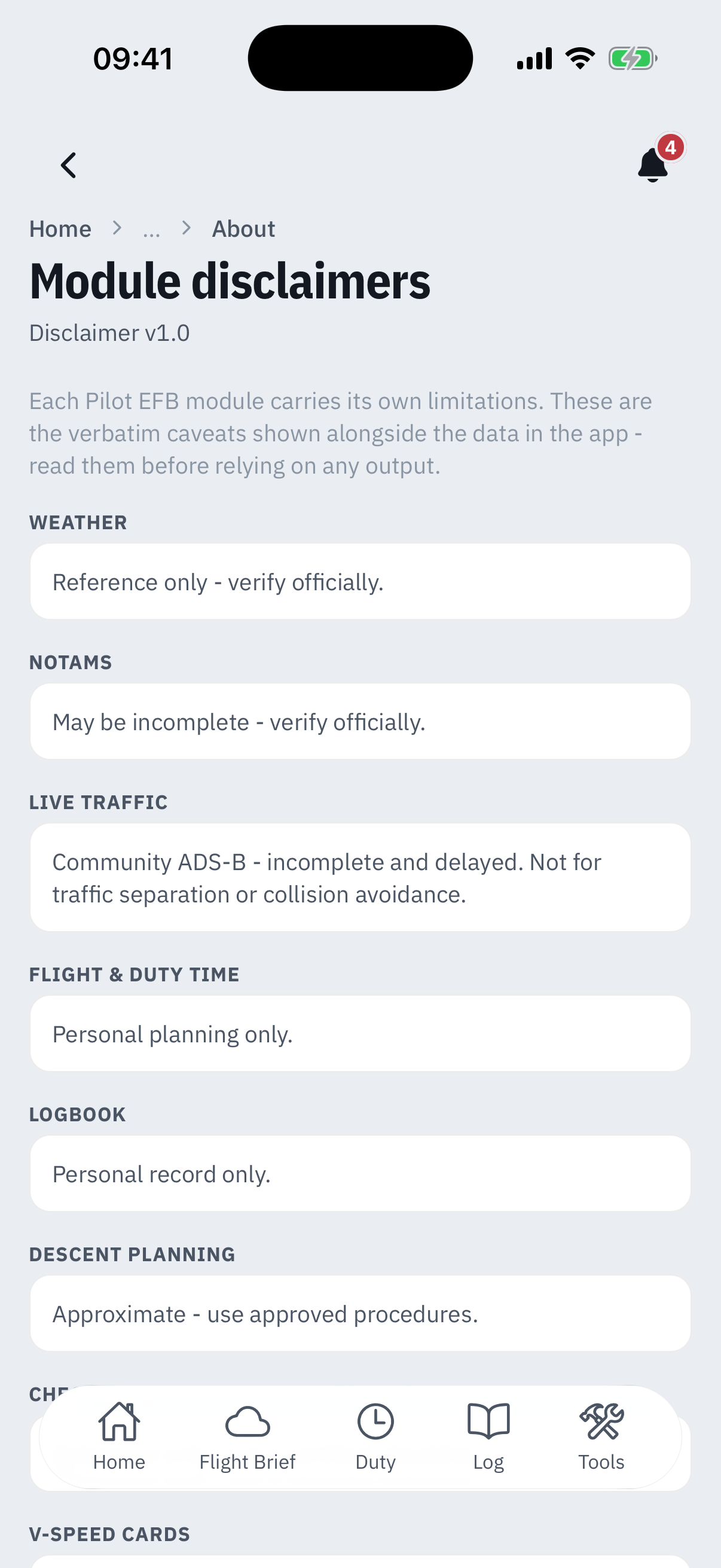 The Module disclaimers screen: an intro reading each Pilot EFB module carries its own limitations, these are the verbatim caveats shown alongside the data in the app, then cards reading Weather, Reference only verify officially, NOTAMs, May be incomplete verify officially, Live traffic, Community ADS-B incomplete and delayed not for traffic separation or collision avoidance, Flight and duty time, Personal planning only, Logbook, Personal record only, and Descent planning, Approximate use approved procedures