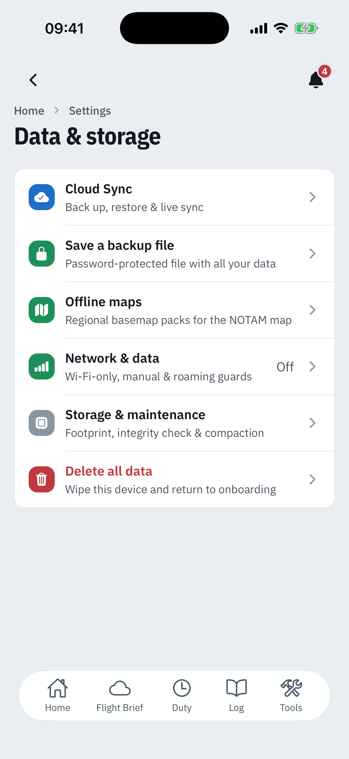 The Data and storage folder: Cloud Sync for back up restore and live sync, Save a backup file, Offline maps with regional basemap packs, Network and data showing Off for the Wi-Fi only manual and roaming guards, Storage and maintenance for footprint integrity check and compaction, and a red Delete all data row