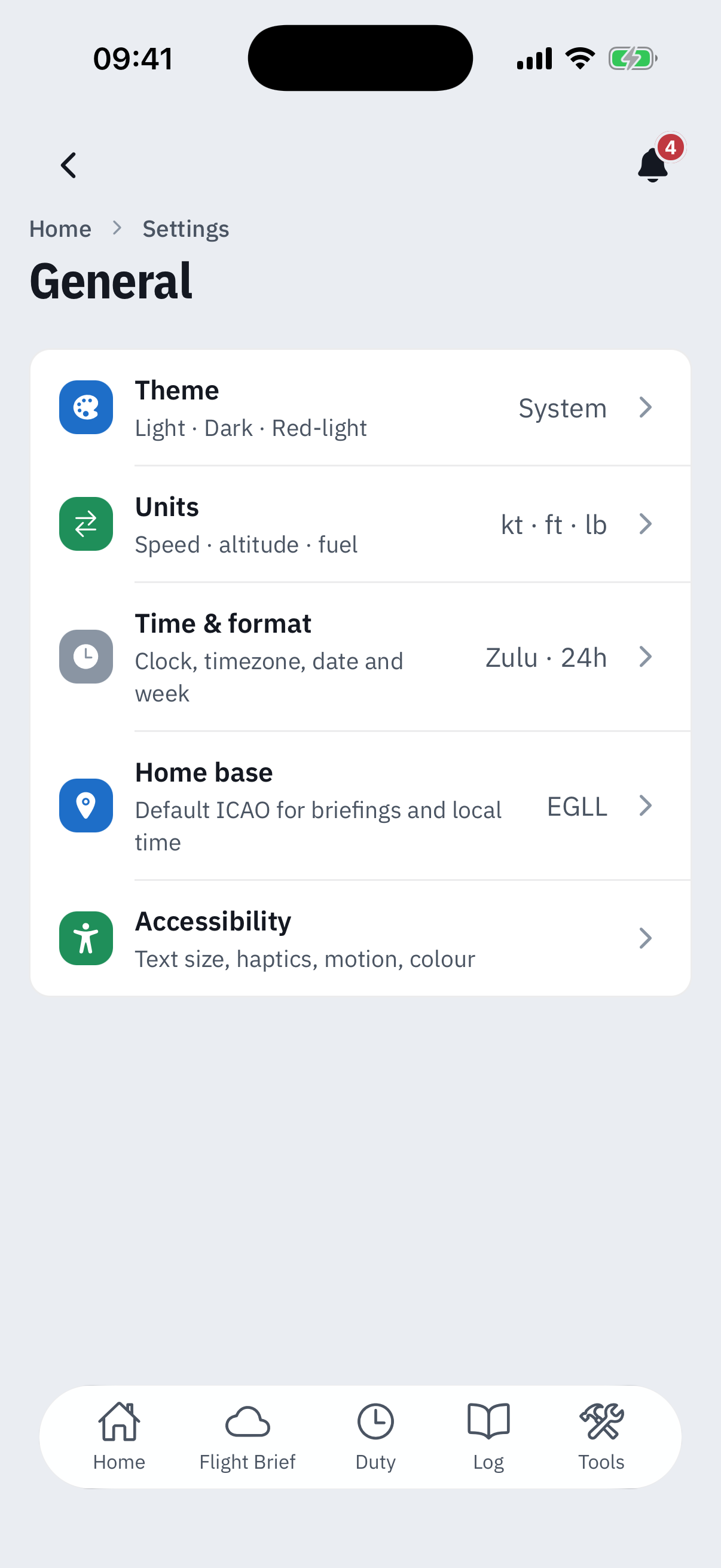 The General settings folder: Theme showing System, Units showing knots feet and pounds, Time and format showing Zulu and 24 hour, Home base showing EGLL, and Accessibility covering text size, haptics, motion and colour