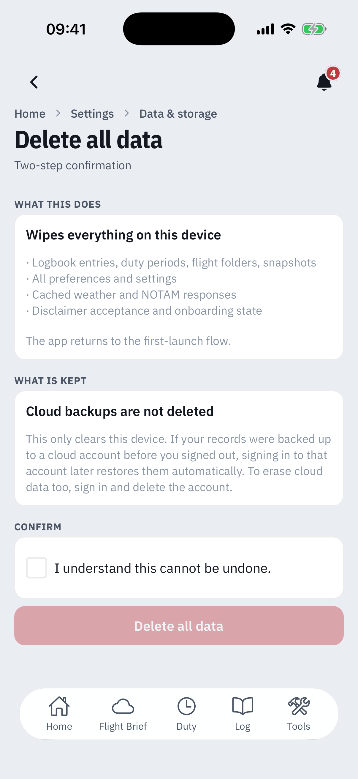 The Delete all data screen: a What this does card listing logbook entries, duty periods, flight folders, snapshots, all preferences, cached weather and NOTAM responses and disclaimer acceptance, a What is kept card titled Cloud backups are not deleted, an unticked I understand this cannot be undone checkbox, and a disabled Delete all data button