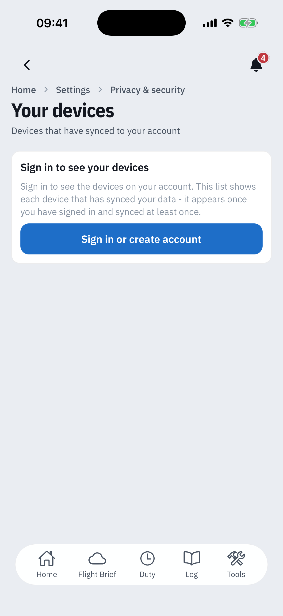 The Your devices screen as a guest: a card titled Sign in to see your devices explaining the list shows each device that has synced your data and appears once you have signed in and synced at least once, with a Sign in or create account button