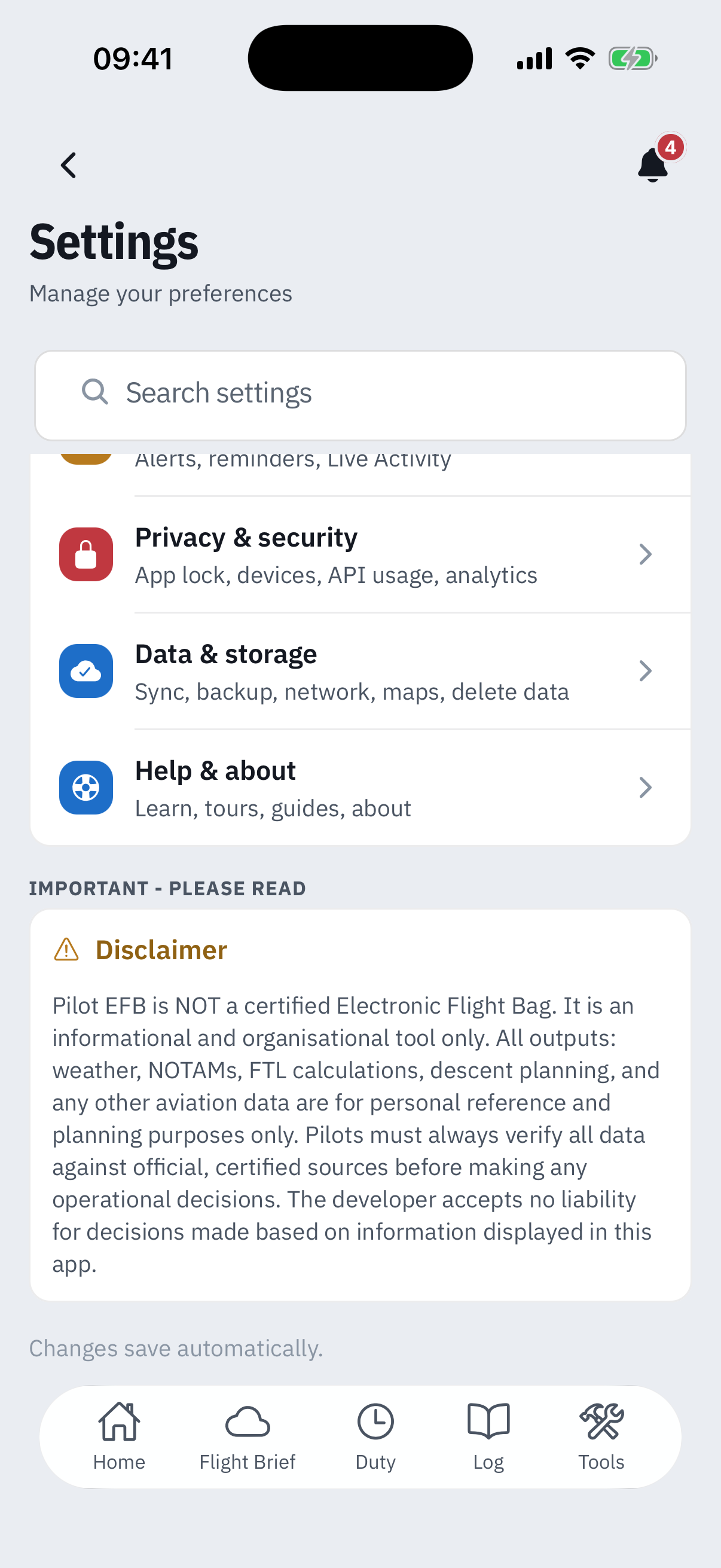 The foot of the Settings hub: Privacy and security, Data and storage and Help and about folder cards, then a section titled Important, please read holding a Disclaimer card with the full app disclaimer text, and a closing line reading Changes save automatically