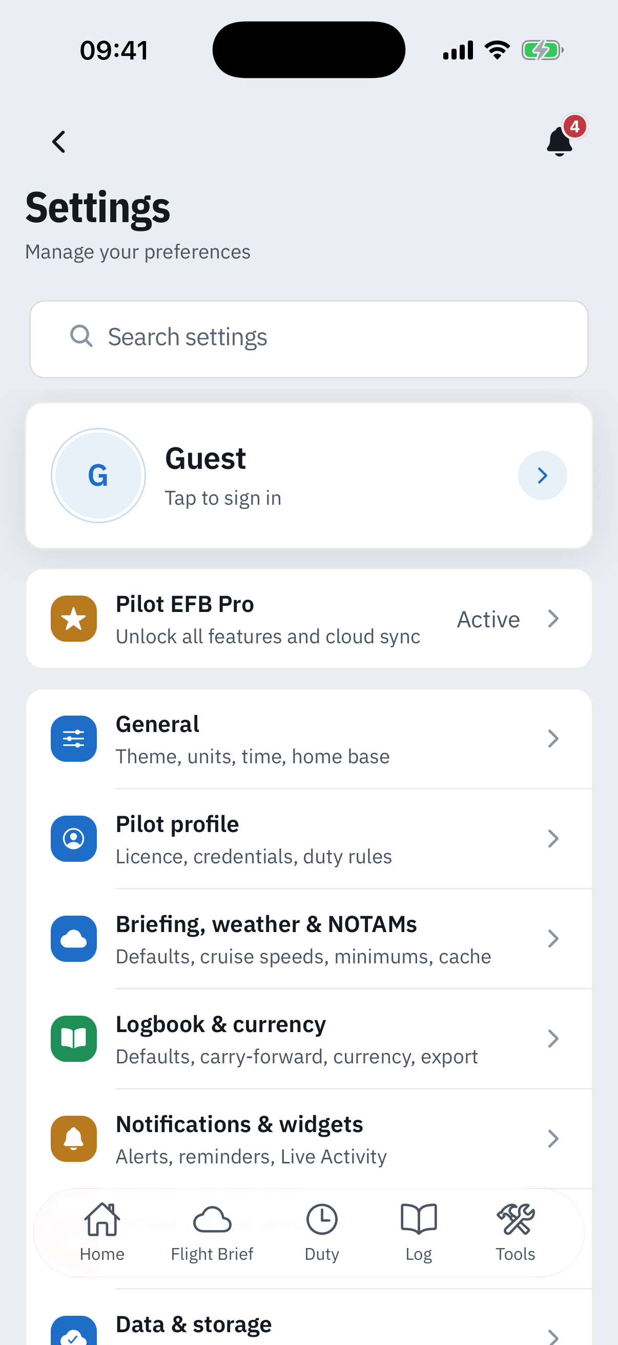 The Settings hub: a Search settings field, a Guest profile banner reading Tap to sign in, a Pilot EFB Pro row showing Active, then folder cards for General, Pilot profile, Briefing weather and NOTAMs, Logbook and currency, and Notifications and widgets, each with a one-line summary