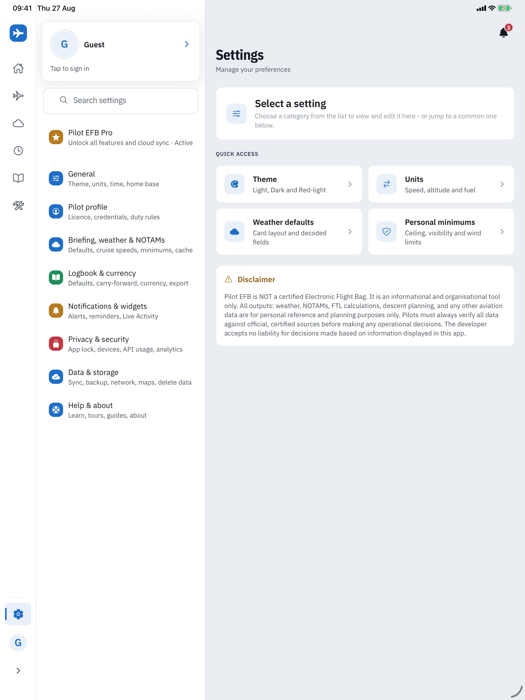 Settings on iPad: a persistent rail on the left with the Guest banner, search field, Pilot EFB Pro row and the eight settings folders, and a detail pane reading Select a setting with Quick access cards for Theme, Units, Weather defaults and Personal minimums above the full app Disclaimer card
