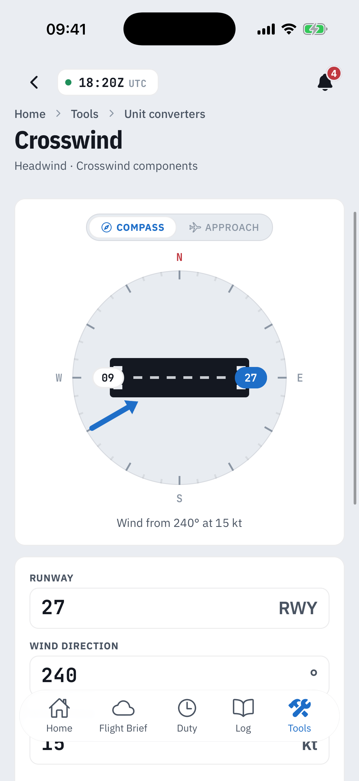 The Crosswind tool: a compass rose with runway 09/27 drawn through it and a wind arrow from the southwest, captioned Wind from 240 degrees at 15 kt, above the Runway field reading 27 and the Wind direction field reading 240