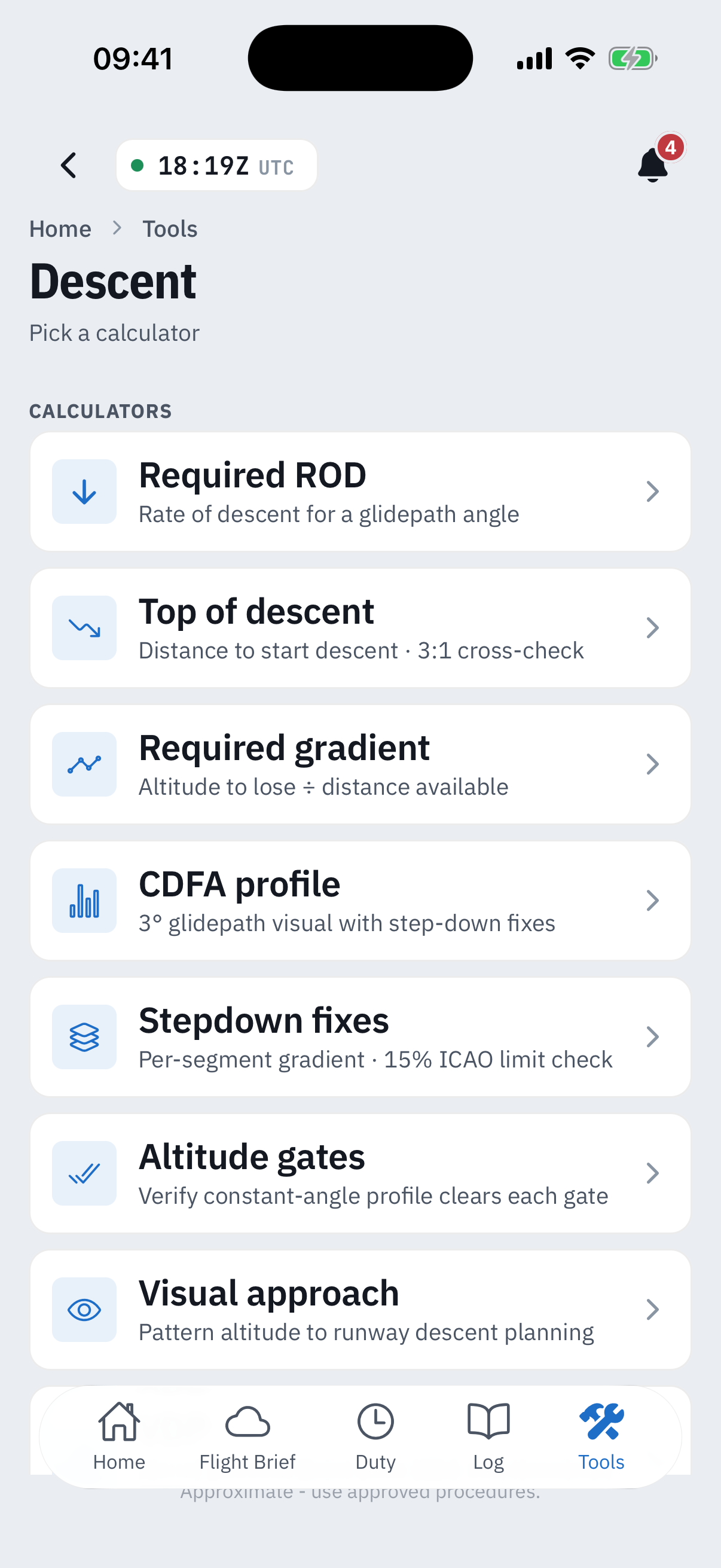 The Descent hub, Pick a calculator: rows for Required ROD, Top of descent, Required gradient, CDFA profile, Stepdown fixes, Altitude gates, Visual approach - with the disclaimer Approximate, use approved procedures at the foot