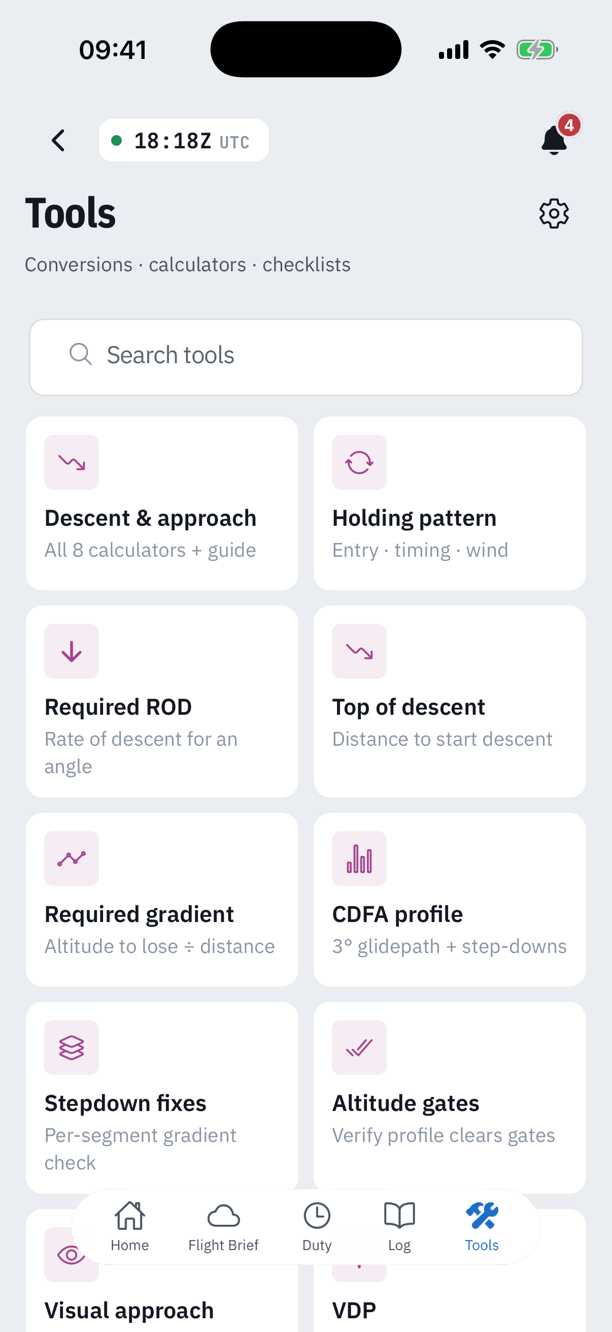 The browse grid scrolled to the Descent & approach section: tiles for the Descent & approach hub (All 8 calculators + guide), Holding pattern, Required ROD, Top of descent, Required gradient, CDFA profile, Stepdown fixes, Altitude gates, Visual approach and VDP