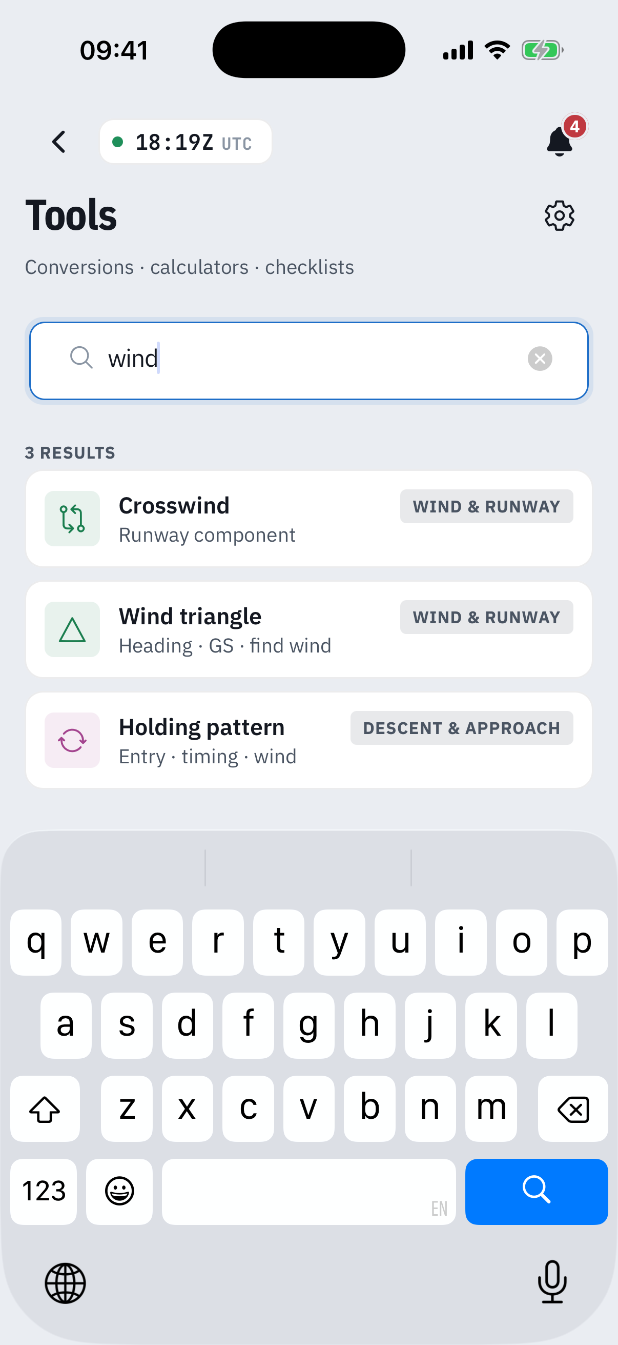 The Tools search with wind typed: 3 results - Crosswind and Wind triangle tagged Wind & runway, and Holding pattern tagged Descent & approach