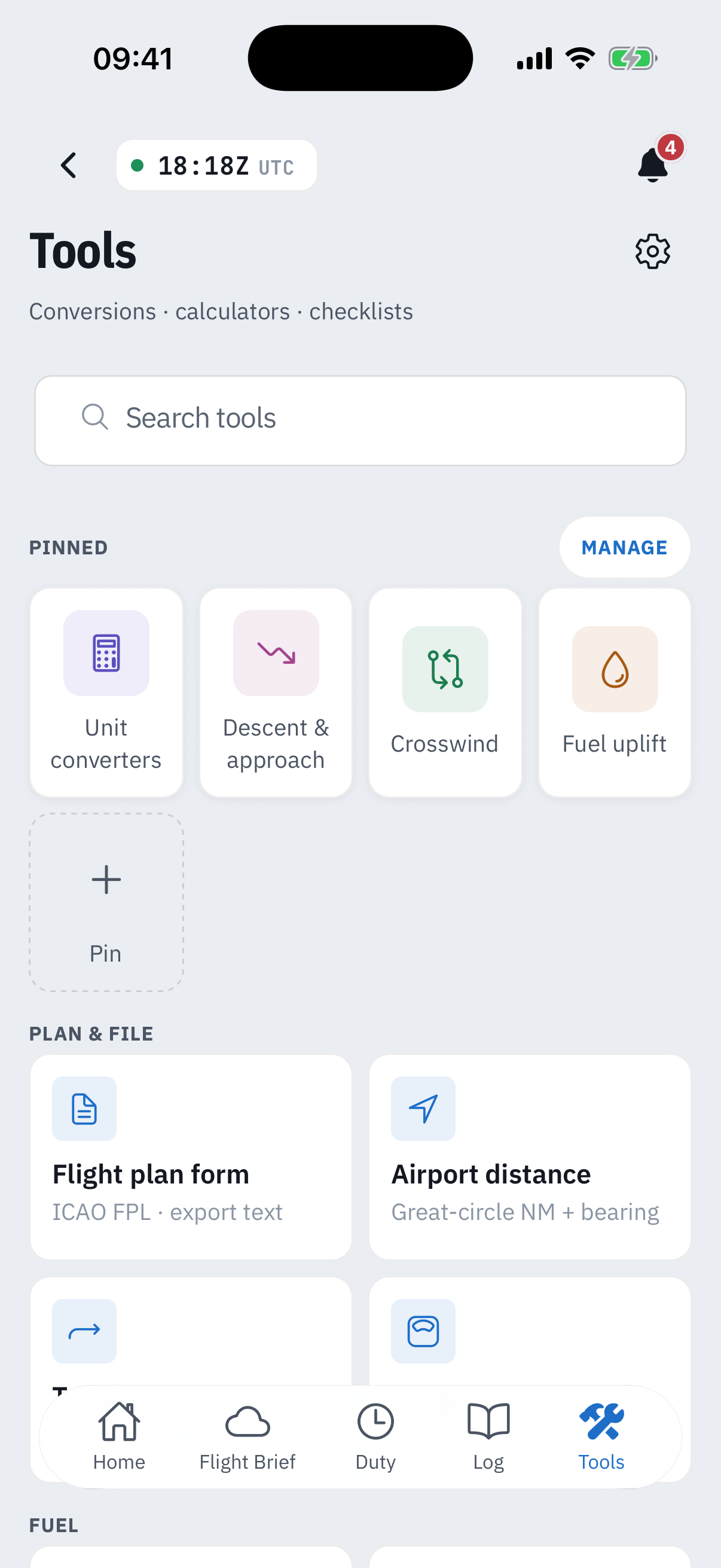 The Tools tab hub: title Tools with subtitle Conversions, calculators, checklists, a Search tools box, a Pinned row with Unit converters, Descent & approach, Crosswind and Fuel uplift tiles plus a dashed Pin tile, then the Plan & file section starting with Flight plan form and Airport distance tiles