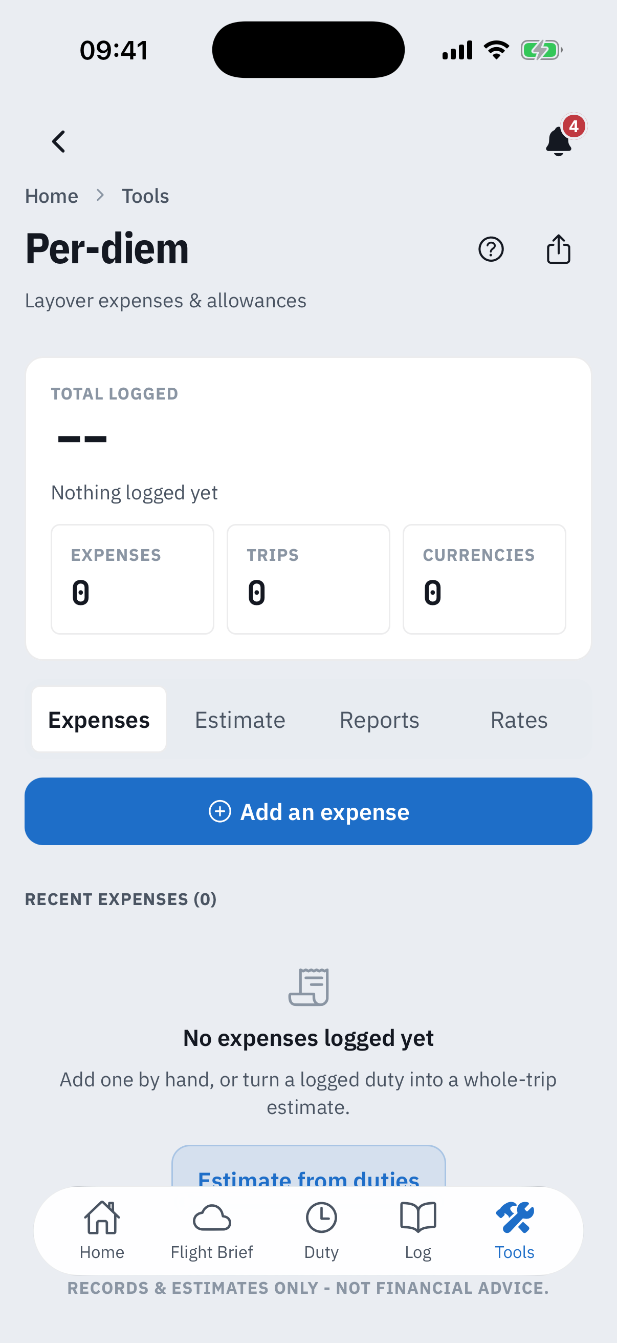 The Per-diem workspace: a Total logged card reading Nothing logged yet with zero expenses, trips and currencies, segments for Expenses, Estimate, Reports and Rates, an Add an expense button, an empty state offering Estimate from duties, and the footer Records and estimates only, not financial advice