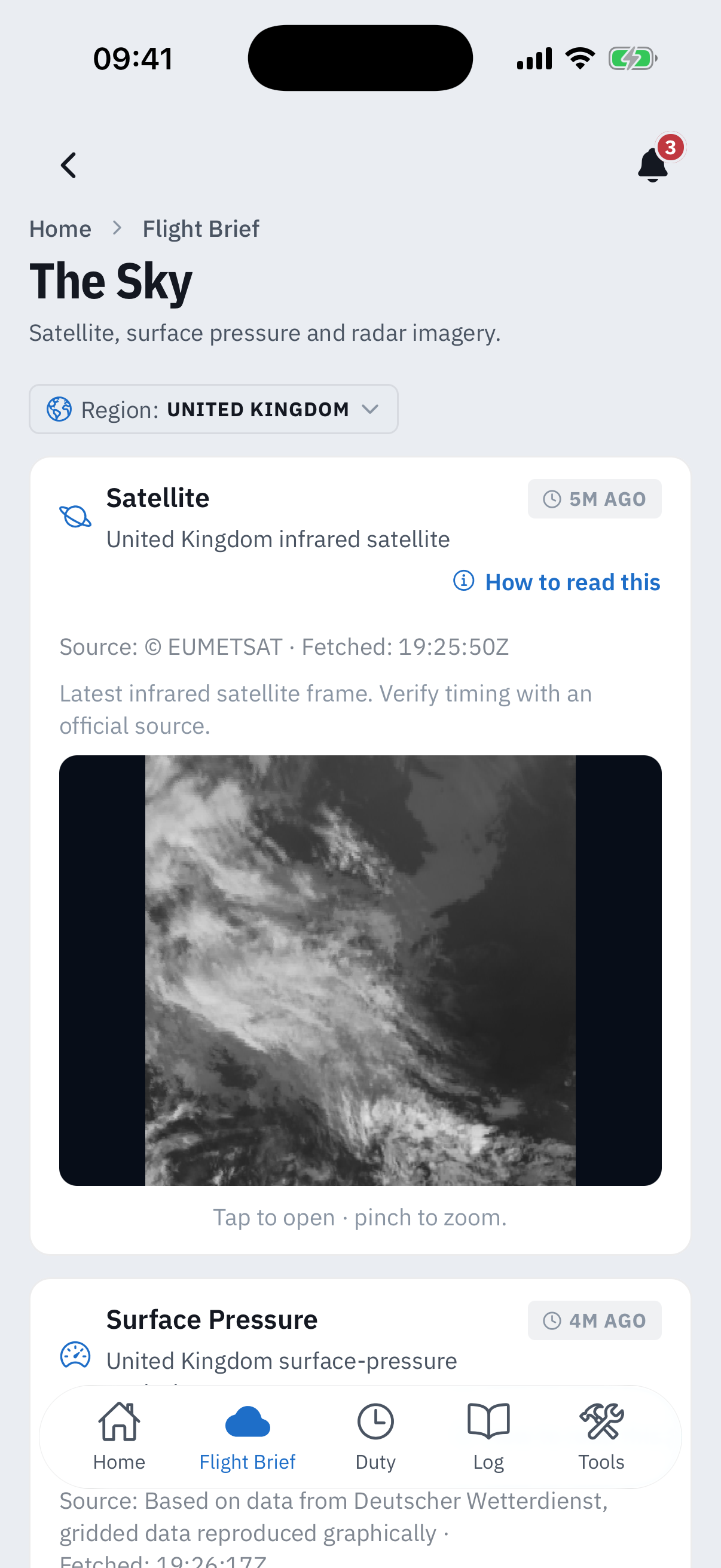 The Sky family detail: a region picker set to United Kingdom, a Satellite card with the latest infrared frame fetched 5 minutes ago, credited to EUMETSAT, with a note to verify timing with an official source, and the top of a Surface Pressure card based on Deutscher Wetterdienst data