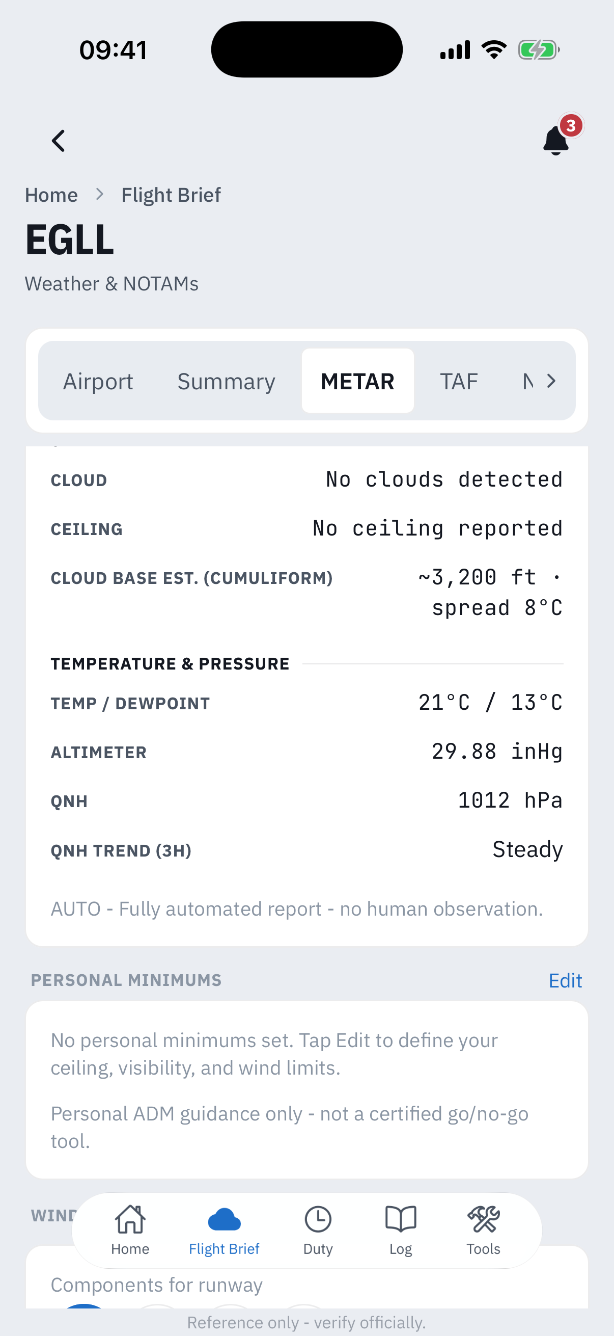 Further down the METAR decode: cloud and ceiling lines reading no clouds detected and no ceiling reported, an estimated cumuliform cloud base from the temperature spread, temperature, altimeter and QNH with a 3-hour trend, a note that AUTO means a fully automated report, and a Personal minimums card reading Personal ADM guidance only - not a certified go/no-go tool