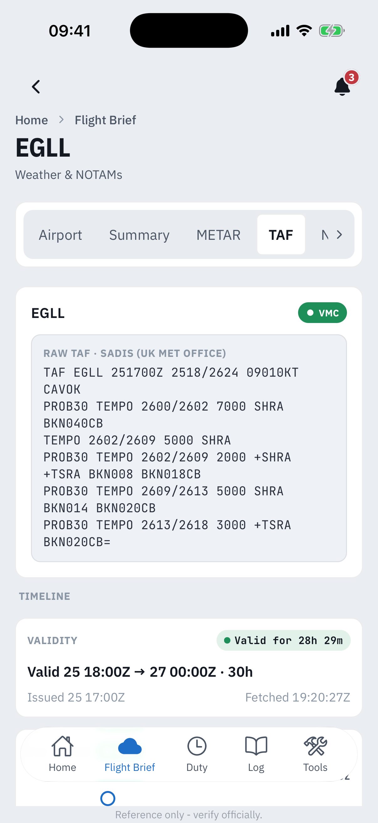 The TAF segment for EGLL: the raw TAF verbatim labelled SADIS UK Met Office, with PROB30 and TEMPO groups for showers and thunderstorms, above a validity card reading Valid 25 18:00Z to 27 00:00Z, 30 hours, with a green Valid for 28h 29m pill and the issue and fetch times