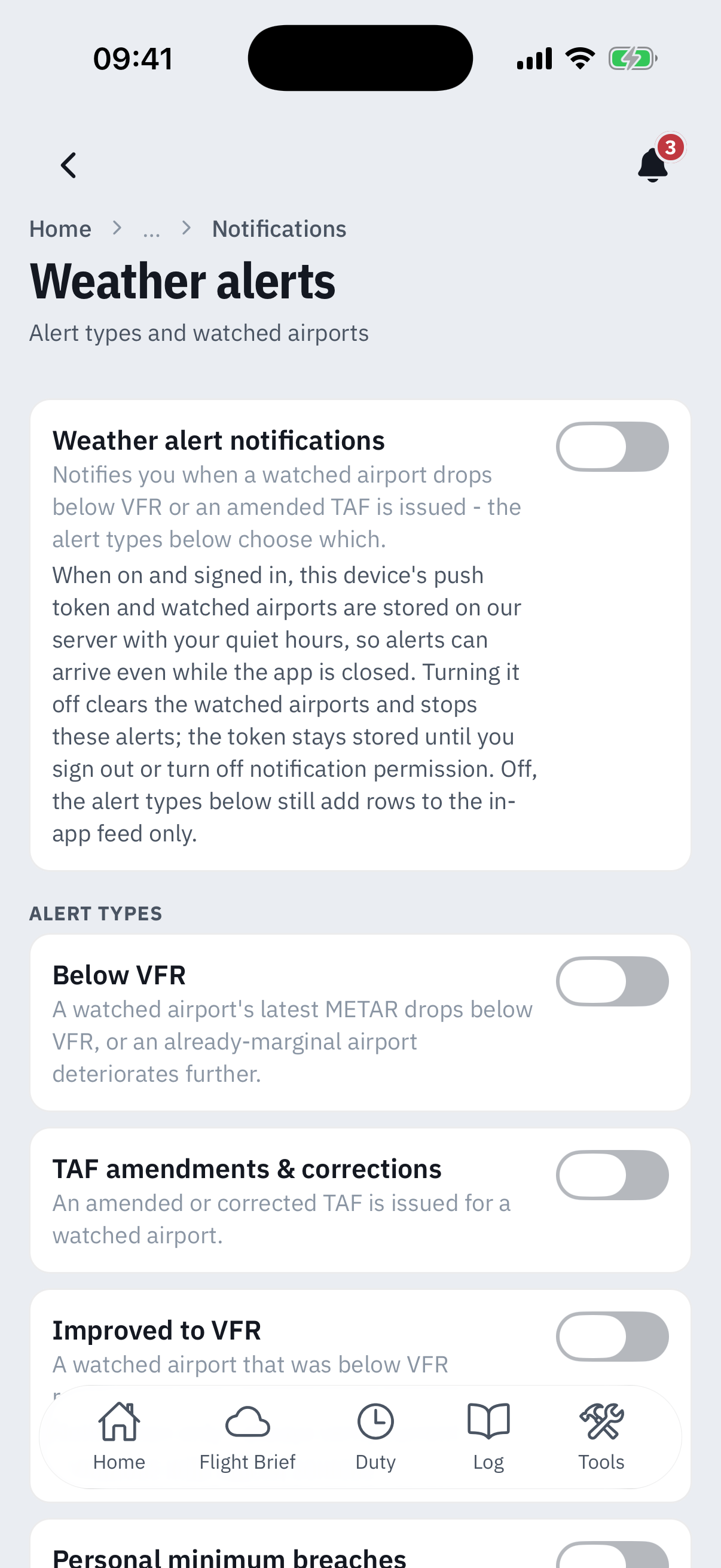 The Weather alerts settings screen: a master Weather alert notifications switch with a caption explaining that when on and signed in the device push token and watched airports are stored so alerts arrive with the app closed, above alert-type switches for Below VFR, TAF amendments and corrections, and Improved to VFR