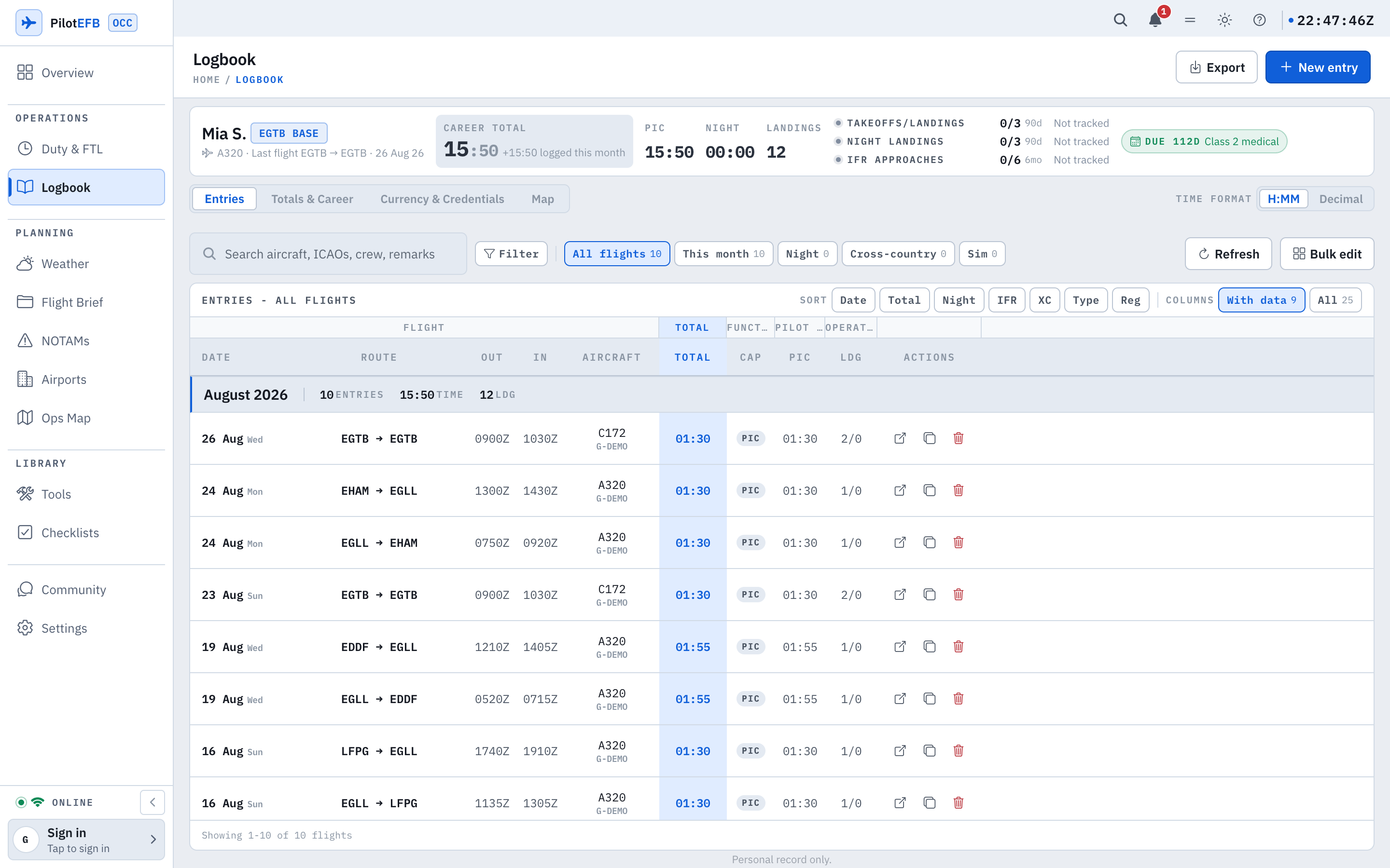 The web logbook: a header with the pilot profile, career total 15:50, PIC night and landings counters, currency trackers reading not tracked, and a Class 2 medical due chip, segments for Entries, Totals and Career, Currency and Credentials, and Map, a search and filter row, and a month-grouped entries table with date, route, out and in times, aircraft, total, function and landings columns, footed Personal record only