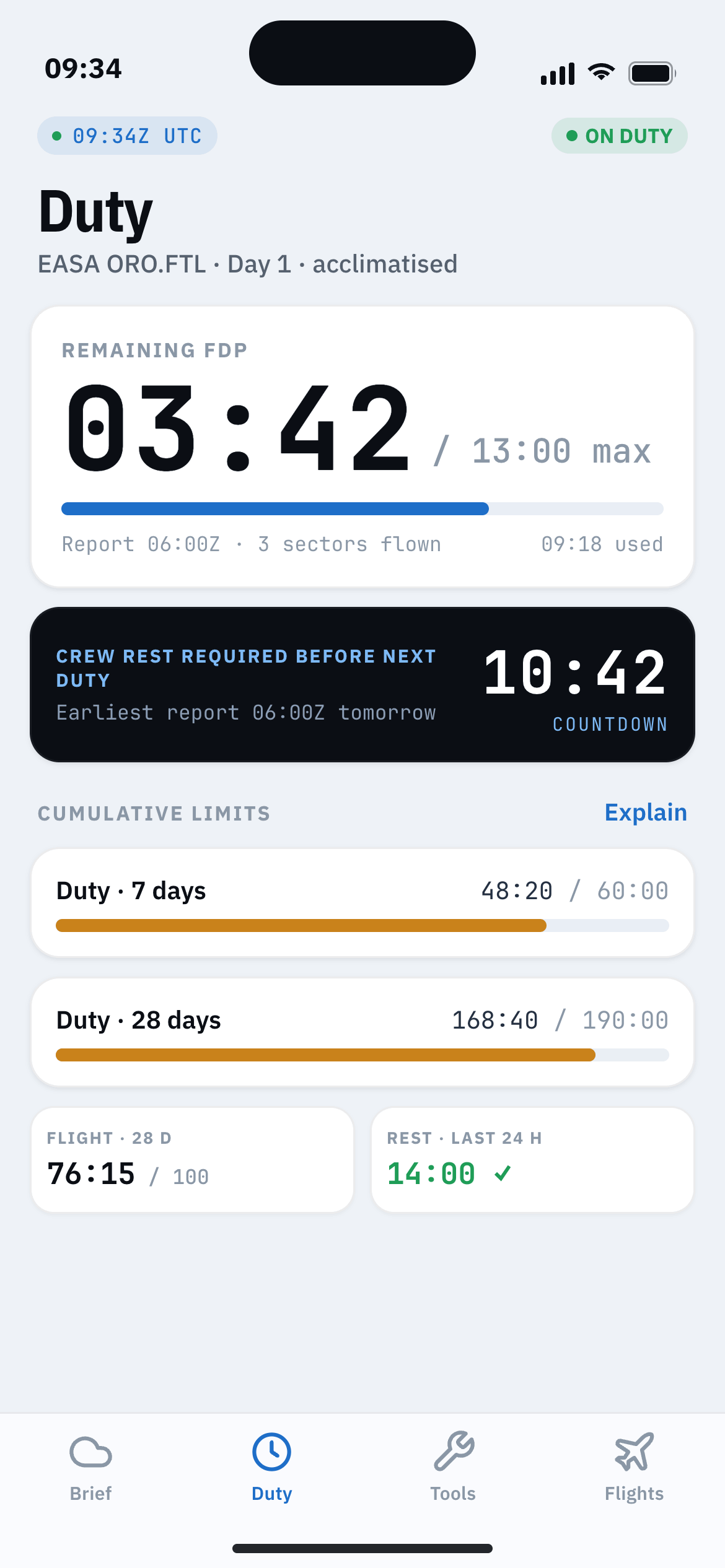 Flight time limitations dashboard with remaining FDP and cumulative limit chips.