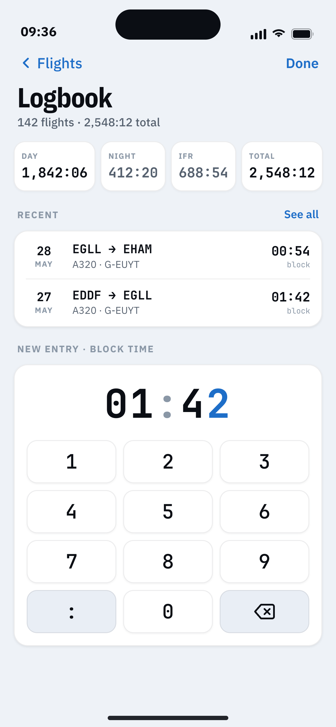 Electronic logbook entry list and totals dashboard.