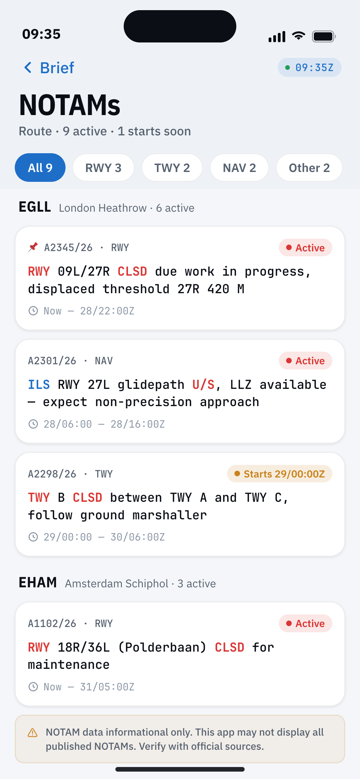 NOTAMs list grouped by airport with keyword highlights.